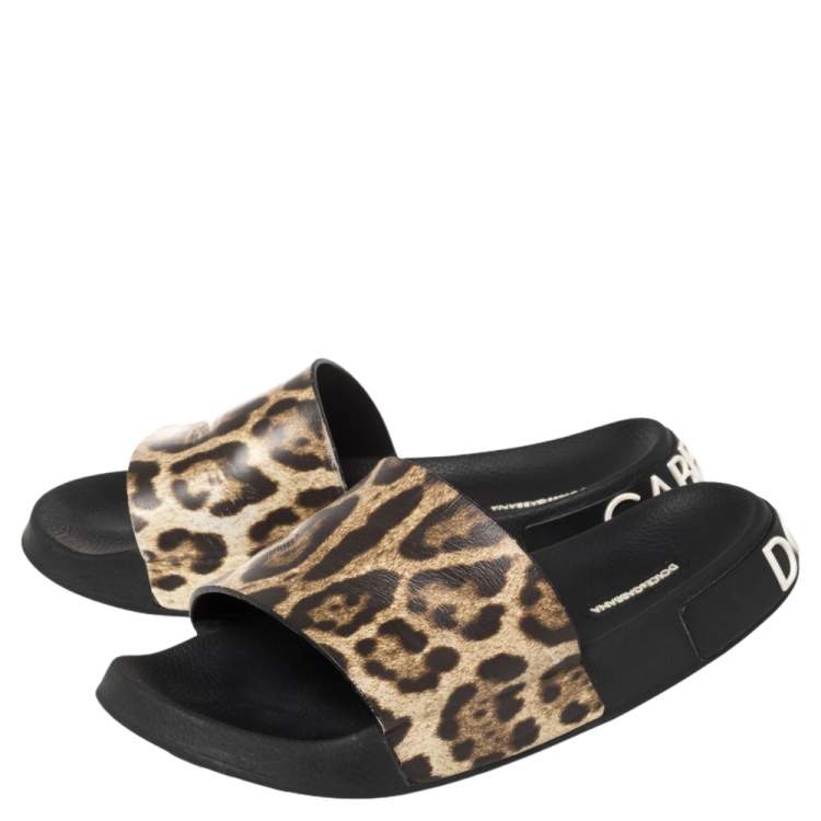 مملوكة مسبقًا Dolce & Gabbana Brown/Beige Leopard Print Leather Flat Slides Size 41