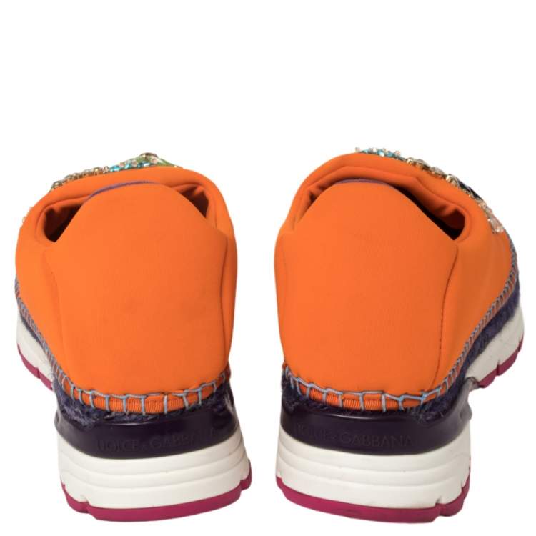 Pre Owned Dolce & Gabbana Orange Neoprene Barcelona Embellished Slip On Sneakers Size 38