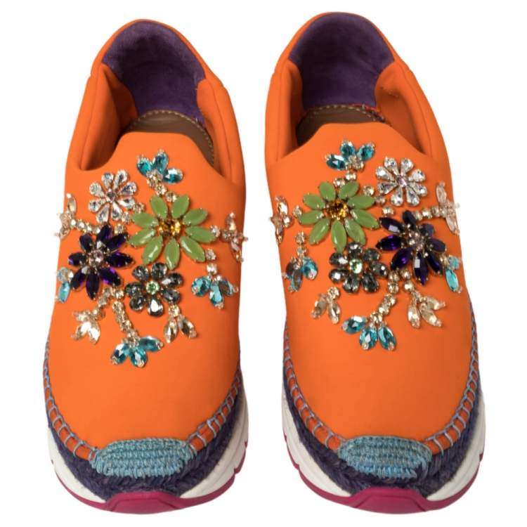Pre Owned Dolce & Gabbana Orange Neoprene Barcelona Embellished Slip On Sneakers Size 38