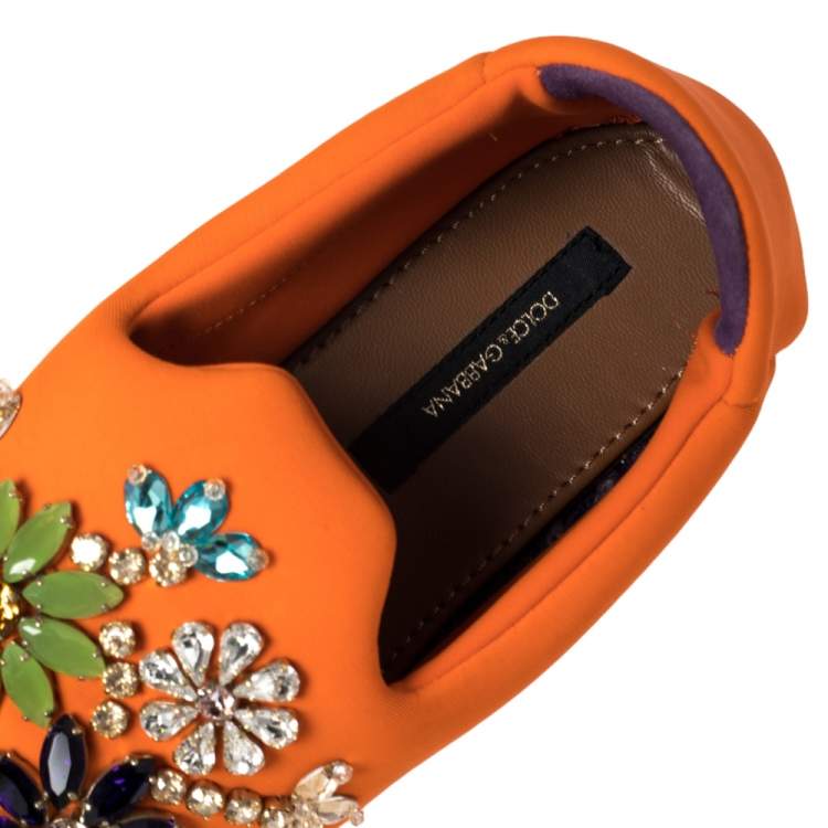 Pre Owned Dolce & Gabbana Orange Neoprene Barcelona Embellished Slip On Sneakers Size 38