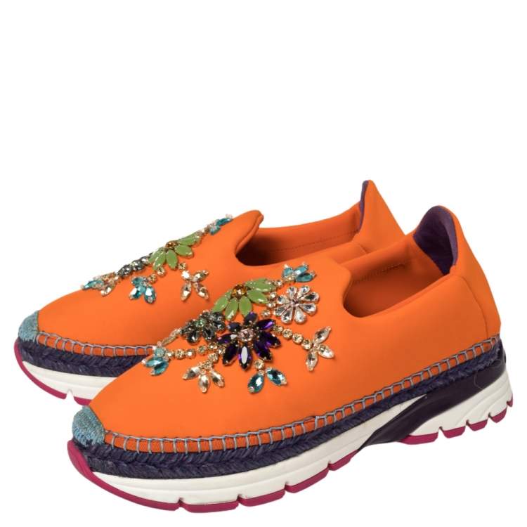 Pre Owned Dolce & Gabbana Orange Neoprene Barcelona Embellished Slip On Sneakers Size 38