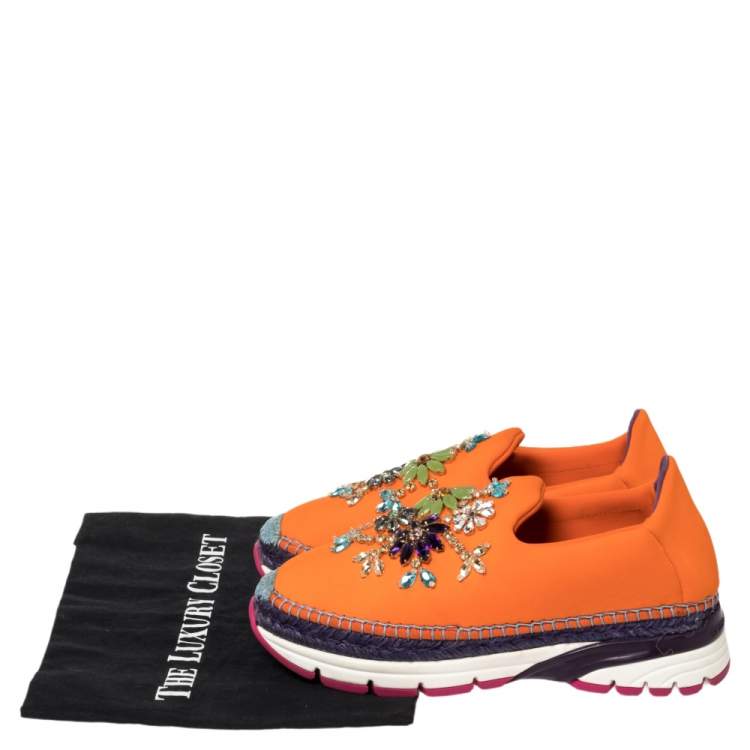 Pre Owned Dolce & Gabbana Orange Neoprene Barcelona Embellished Slip On Sneakers Size 38