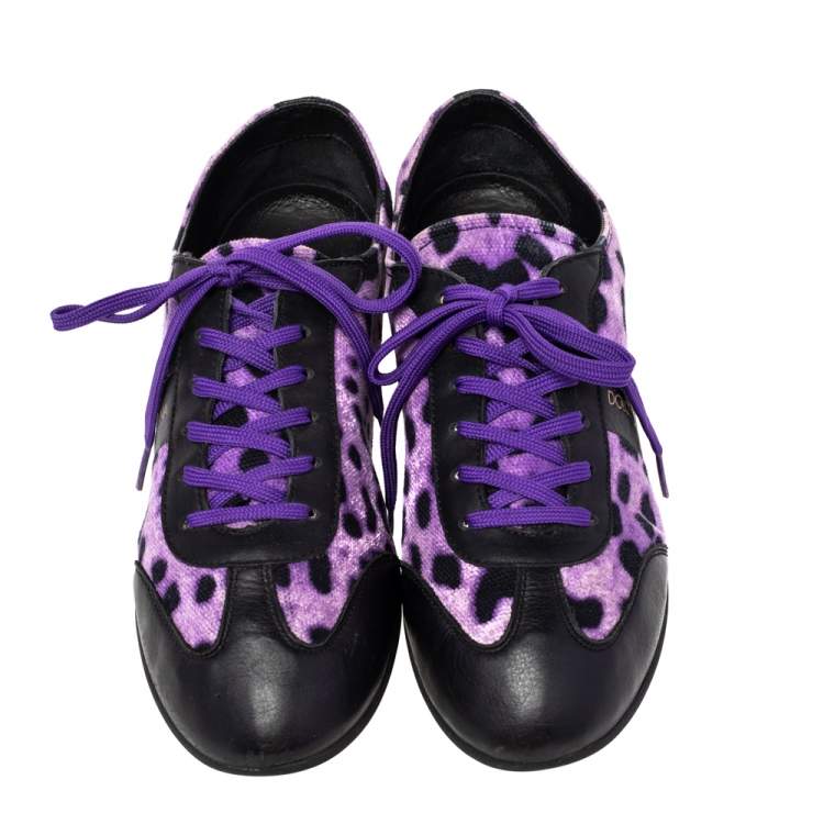 Pre Owned Dolce & Gabbana Purple/Black Leopard Print Canvas And Leather Low Top Sneakers Size 41