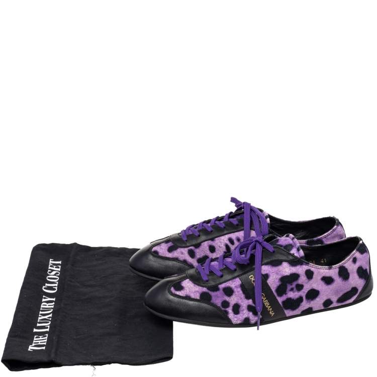 Pre Owned Dolce & Gabbana Purple/Black Leopard Print Canvas And Leather Low Top Sneakers Size 41