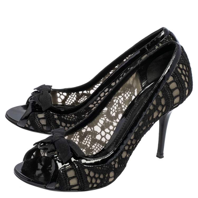 Pre Owned Dolce & Gabbana Black Fabric, Mesh  and Patent Leather Trim Open Toe Pumps Size 40