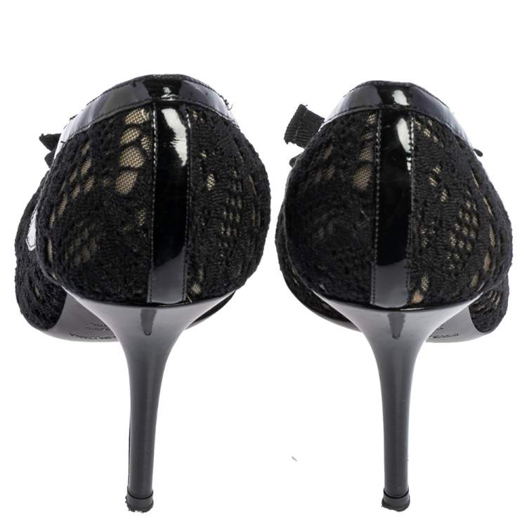 Pre Owned Dolce & Gabbana Black Fabric, Mesh  and Patent Leather Trim Open Toe Pumps Size 40