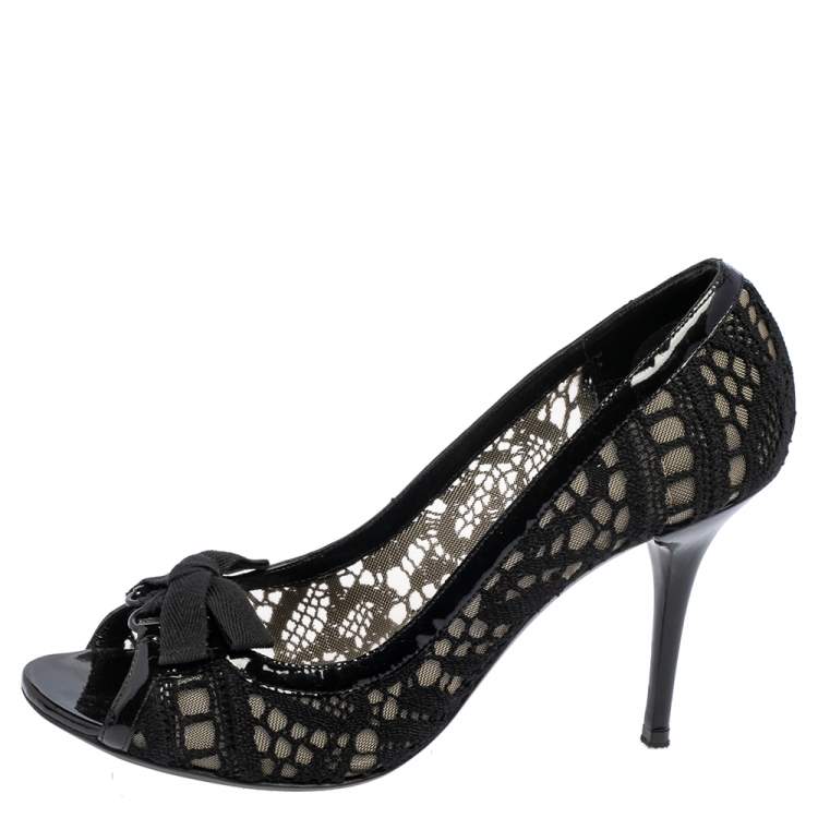 Pre Owned Dolce & Gabbana Black Fabric, Mesh  and Patent Leather Trim Open Toe Pumps Size 40