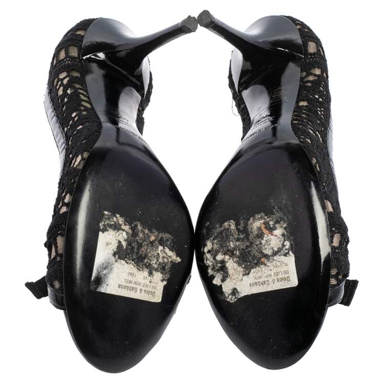 Pre Owned Dolce & Gabbana Black Fabric, Mesh  and Patent Leather Trim Open Toe Pumps Size 40