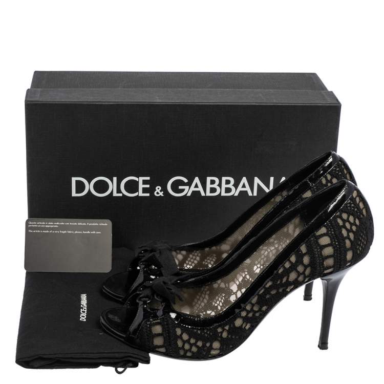 Pre Owned Dolce & Gabbana Black Fabric, Mesh  and Patent Leather Trim Open Toe Pumps Size 40
