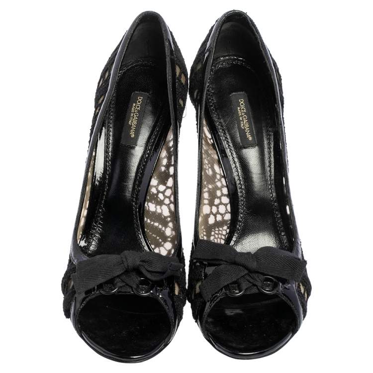 Pre Owned Dolce & Gabbana Black Fabric, Mesh  and Patent Leather Trim Open Toe Pumps Size 40