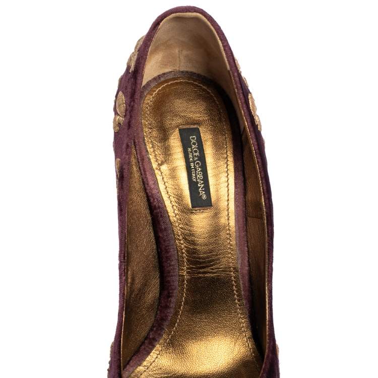 Pre Owned Dolce & Gabbana Purple Mauve Embroidered Velvet Lily Pointed Toe Pumps Size 40