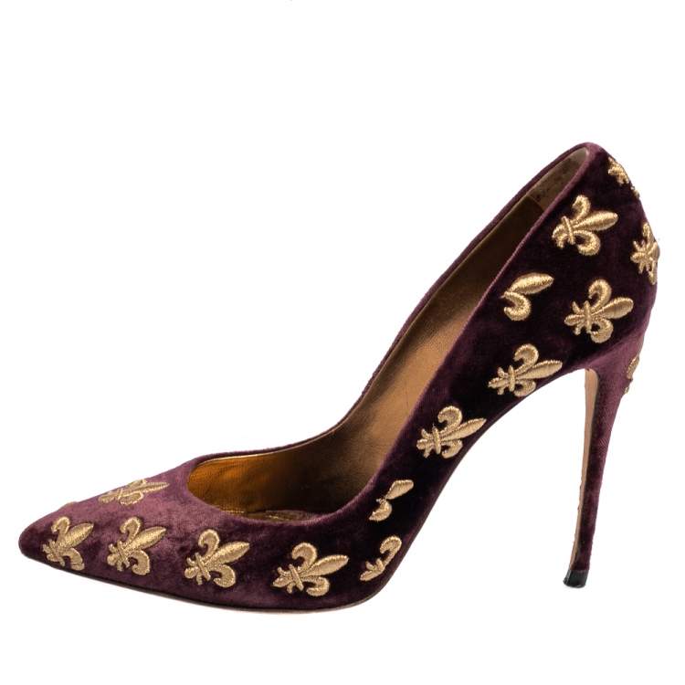 Pre Owned Dolce & Gabbana Purple Mauve Embroidered Velvet Lily Pointed Toe Pumps Size 40