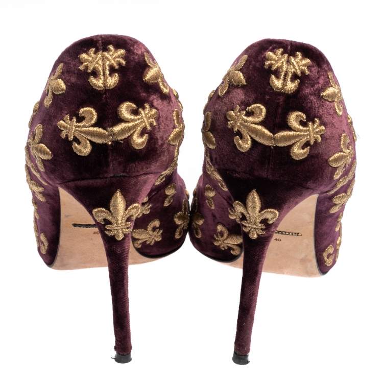 Pre Owned Dolce & Gabbana Purple Mauve Embroidered Velvet Lily Pointed Toe Pumps Size 40