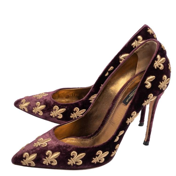 Pre Owned Dolce & Gabbana Purple Mauve Embroidered Velvet Lily Pointed Toe Pumps Size 40