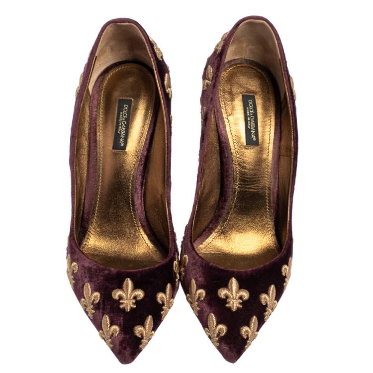 Pre Owned Dolce & Gabbana Purple Mauve Embroidered Velvet Lily Pointed Toe Pumps Size 40