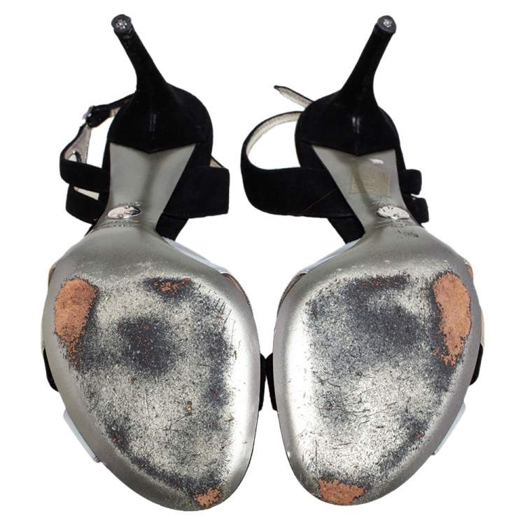 Pre Owned Dolce & Gabbana Silver/Black Leather and Suede Slingback  Sandals Size 39.5