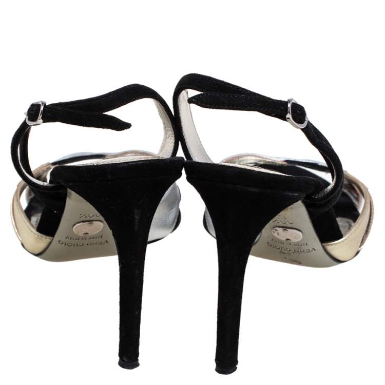 Pre Owned Dolce & Gabbana Silver/Black Leather and Suede Slingback  Sandals Size 39.5