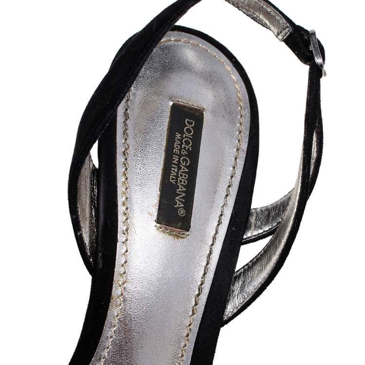 Pre Owned Dolce & Gabbana Silver/Black Leather and Suede Slingback  Sandals Size 39.5