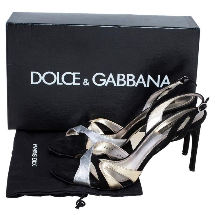Pre Owned Dolce & Gabbana Silver/Black Leather and Suede Slingback  Sandals Size 39.5