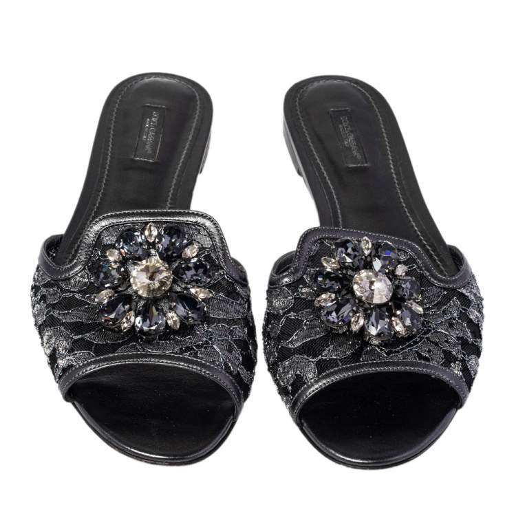 Pre Owned Dolce & Gabbana Metallic Grey Lace Sofia Flats Size 41