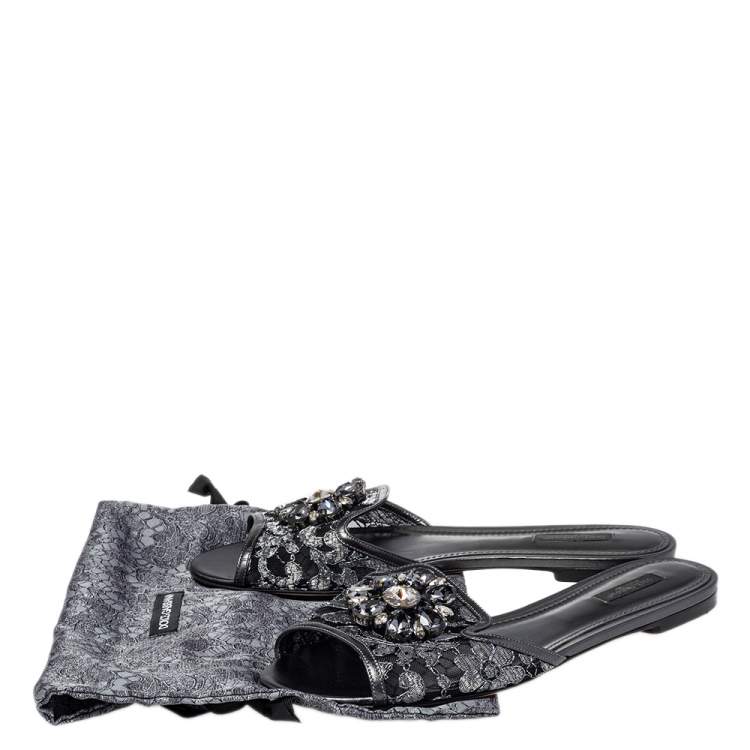 Pre Owned Dolce & Gabbana Metallic Grey Lace Sofia Flats Size 41