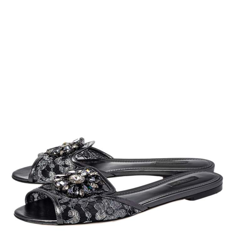 Pre Owned Dolce & Gabbana Metallic Grey Lace Sofia Flats Size 41