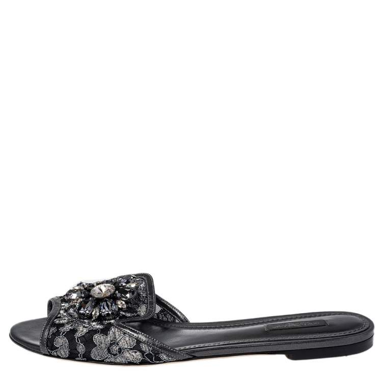 Pre Owned Dolce & Gabbana Metallic Grey Lace Sofia Flats Size 41