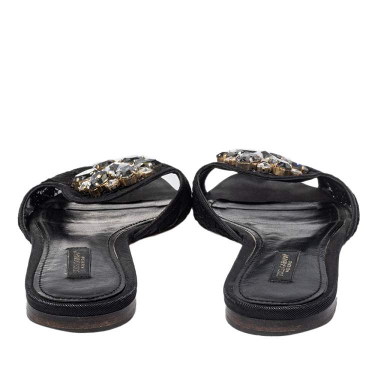 Pre Owned Dolce & Gabbana Black Lace Bianca Crystal Embellished Slide Flats Size 37