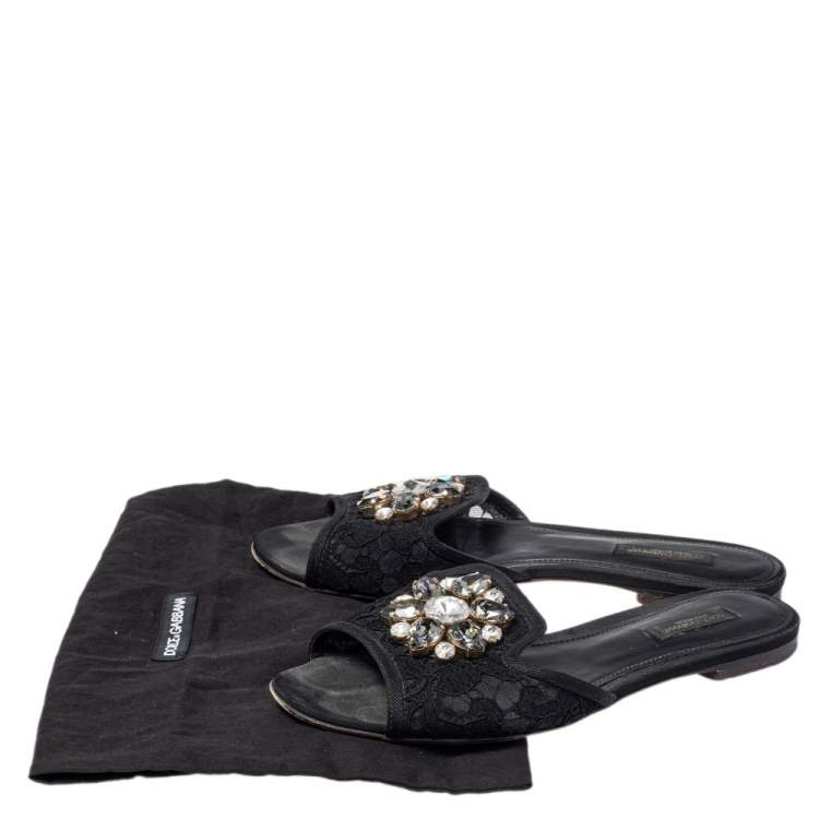 Pre Owned Dolce & Gabbana Black Lace Bianca Crystal Embellished Slide Flats Size 37