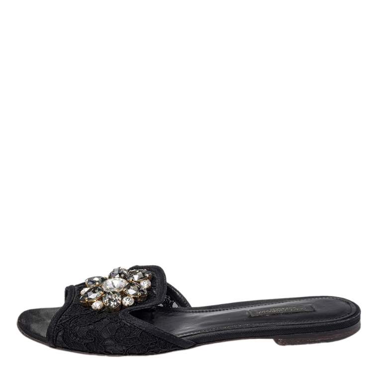 Pre Owned Dolce & Gabbana Black Lace Bianca Crystal Embellished Slide Flats Size 37