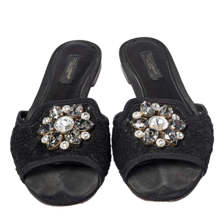 Pre Owned Dolce & Gabbana Black Lace Bianca Crystal Embellished Slide Flats Size 37