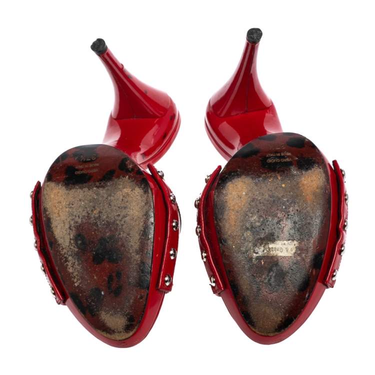 Pre Owned Dolce & Gabbana Red Patent Leather Leopard Print Slide Sandals Size 37.5