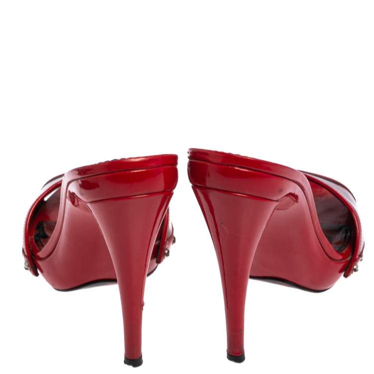 Pre Owned Dolce & Gabbana Red Patent Leather Leopard Print Slide Sandals Size 37.5