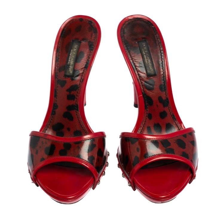 Pre Owned Dolce & Gabbana Red Patent Leather Leopard Print Slide Sandals Size 37.5
