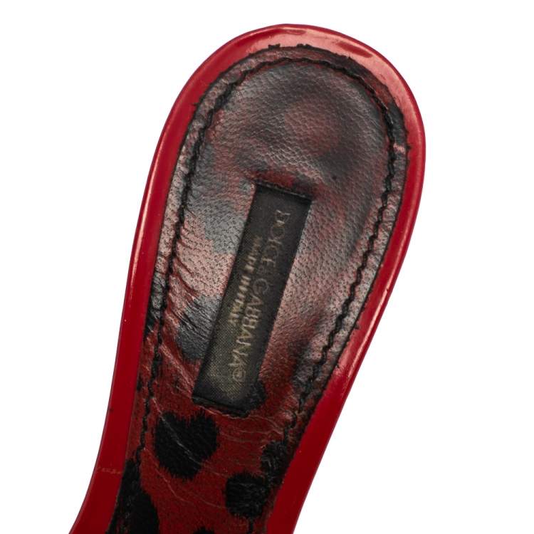 Pre Owned Dolce & Gabbana Red Patent Leather Leopard Print Slide Sandals Size 37.5