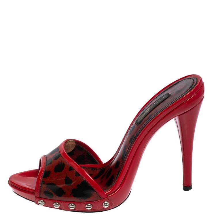 Pre Owned Dolce & Gabbana Red Patent Leather Leopard Print Slide Sandals Size 37.5
