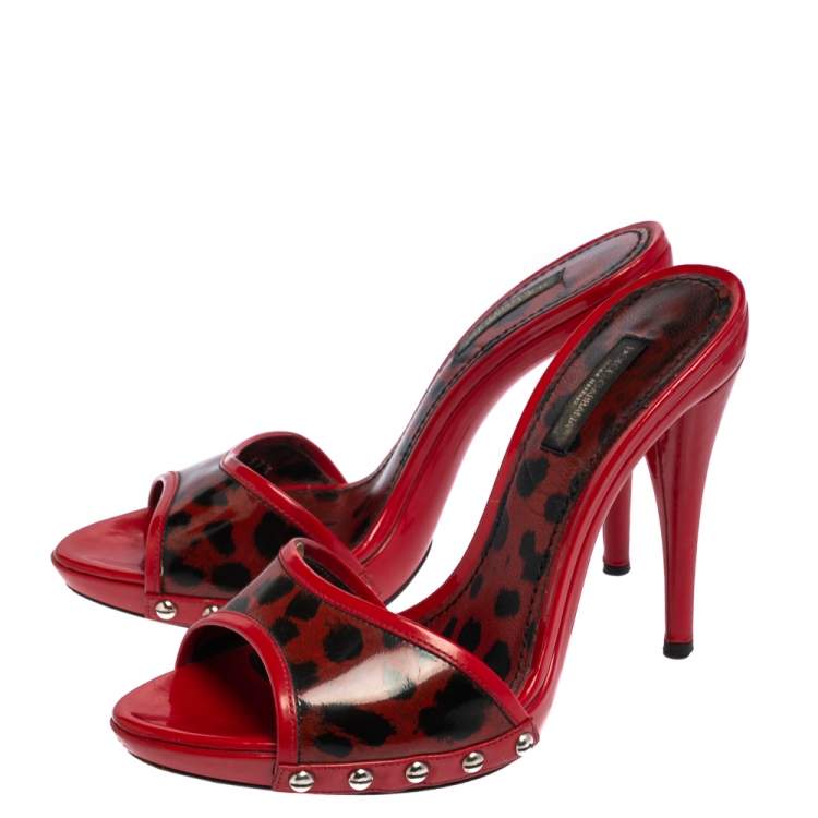 Pre Owned Dolce & Gabbana Red Patent Leather Leopard Print Slide Sandals Size 37.5