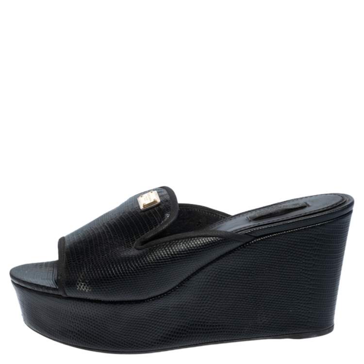 Pre Owned Dolce & Gabbana Black Lizard Embossed Leather Wedge Sandals Size 40