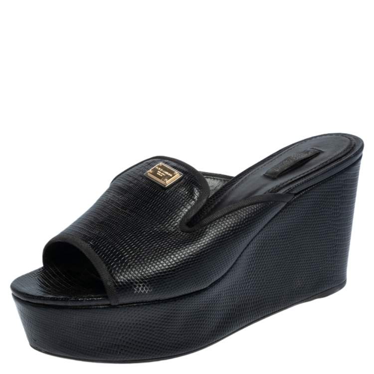 Pre Owned Dolce & Gabbana Black Lizard Embossed Leather Wedge Sandals Size 40