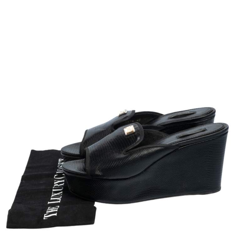 Pre Owned Dolce & Gabbana Black Lizard Embossed Leather Wedge Sandals Size 40