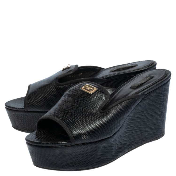 Pre Owned Dolce & Gabbana Black Lizard Embossed Leather Wedge Sandals Size 40