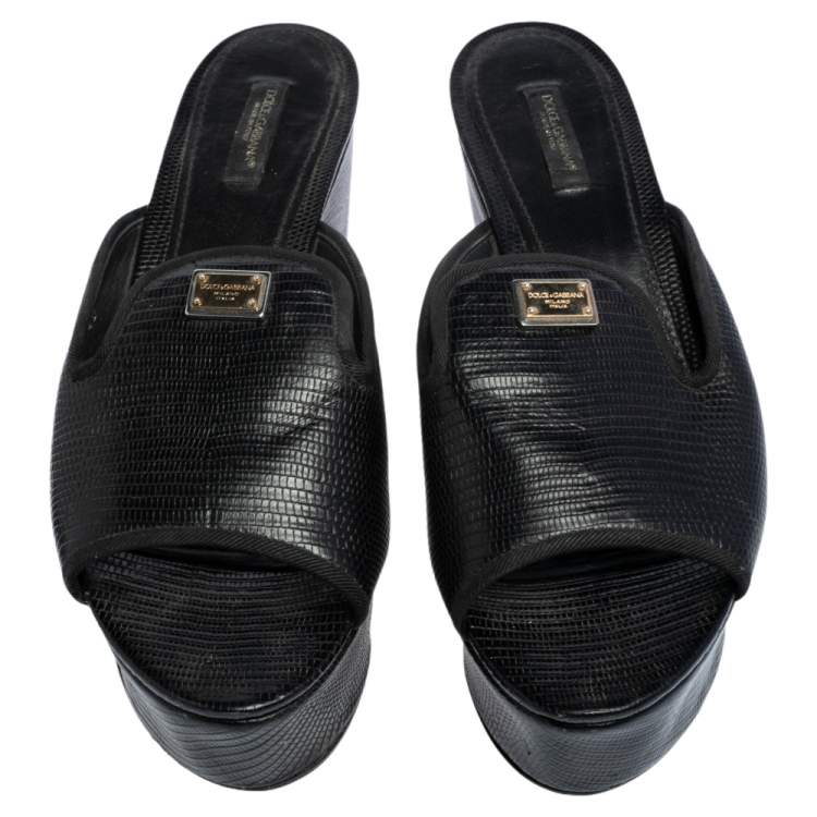 Pre Owned Dolce & Gabbana Black Lizard Embossed Leather Wedge Sandals Size 40