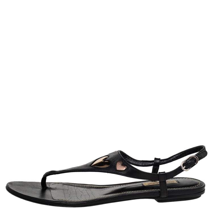 Pre Owned Dolce & Gabbana Black Leather T Strap Flat Sandals Size 38