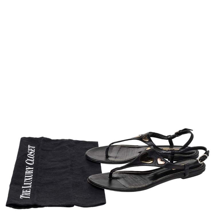 Pre Owned Dolce & Gabbana Black Leather T Strap Flat Sandals Size 38