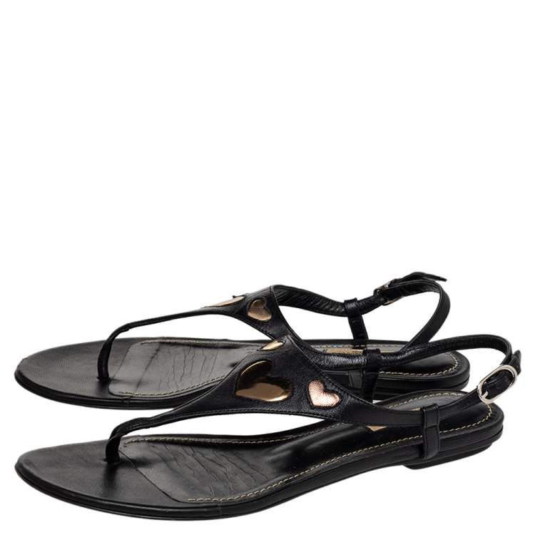 Pre Owned Dolce & Gabbana Black Leather T Strap Flat Sandals Size 38