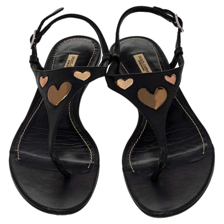 Pre Owned Dolce & Gabbana Black Leather T Strap Flat Sandals Size 38