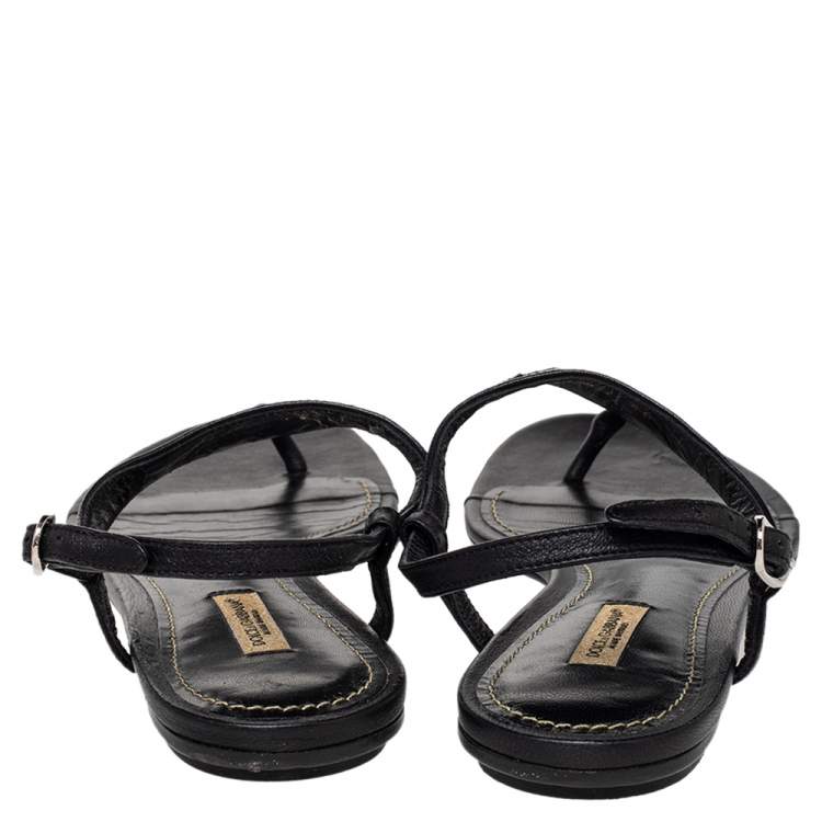 Pre Owned Dolce & Gabbana Black Leather T Strap Flat Sandals Size 38