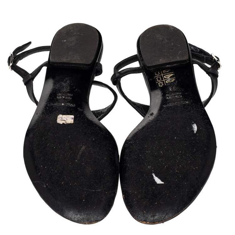 Pre Owned Dolce & Gabbana Black Leather T Strap Flat Sandals Size 38