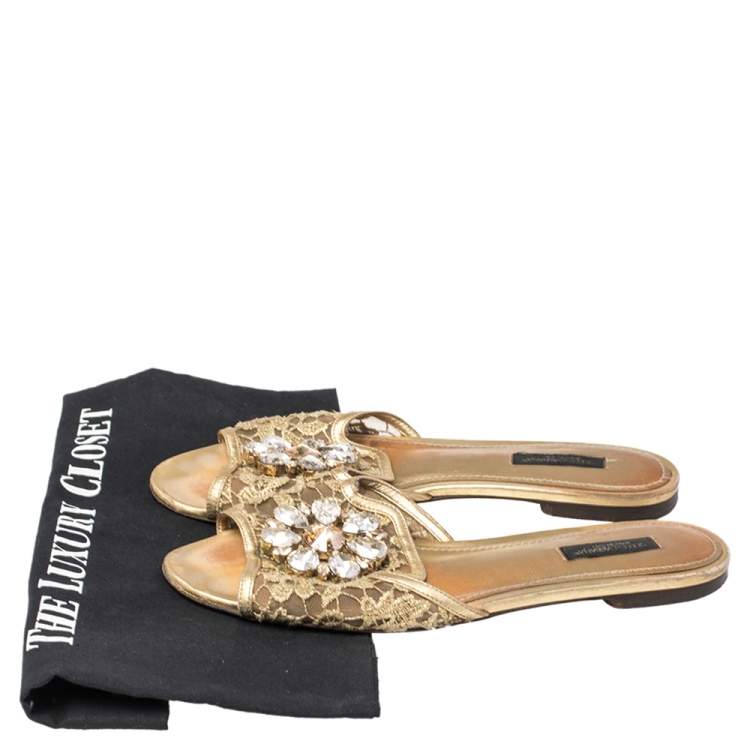 Pre Owned Dolce & Gabbana Gold Lace Sofia Crystal Embellished Slide Flat Sandals Size 38