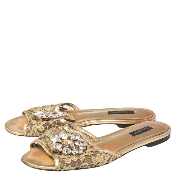 Pre Owned Dolce & Gabbana Gold Lace Sofia Crystal Embellished Slide Flat Sandals Size 38